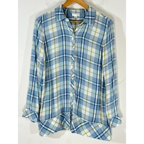 J.Jill Petite Button-Front Tunic Teal Blue Plaid Top Womans PM casual coastal - Picture 1 of 8